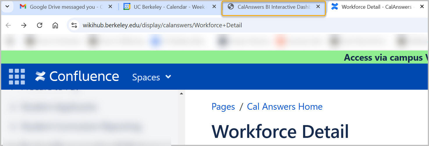 Browser tabs with Cal Answers highlighted