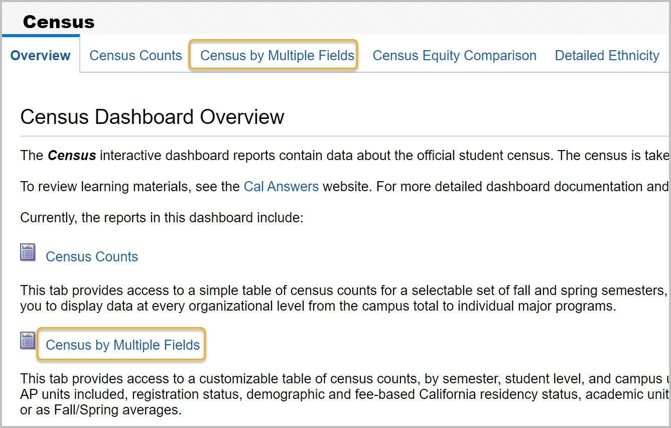 Overview tab with links to Census by Multiple Fields highlighted