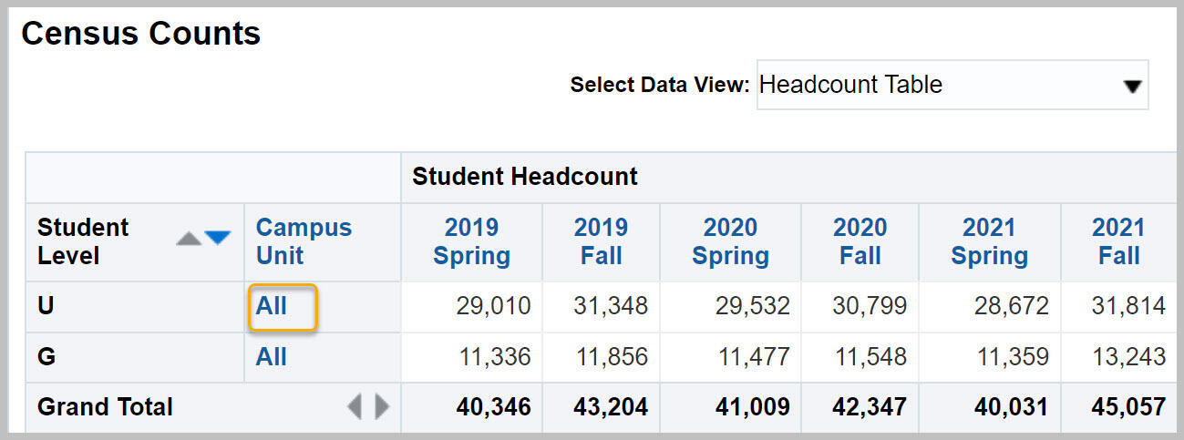 Census Counts report with College of Engineering highlighted