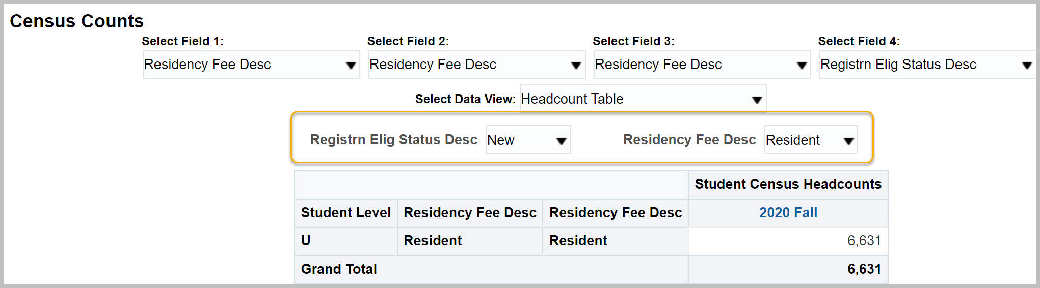 Census Counts report with Residency Fee Desc and Registrn Elig Status Desc in prompts