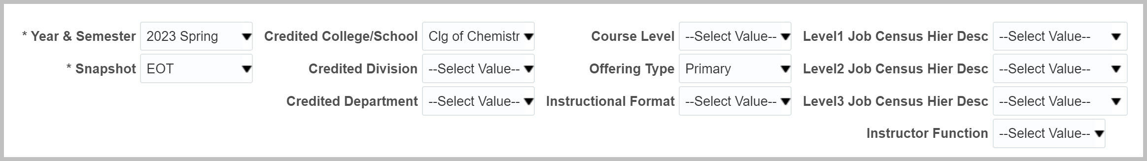 Course Detail by Credited Dept filters