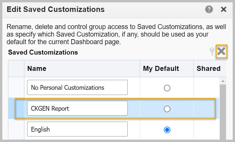 Edit Saved Customization dialog box with Delete button highlighted