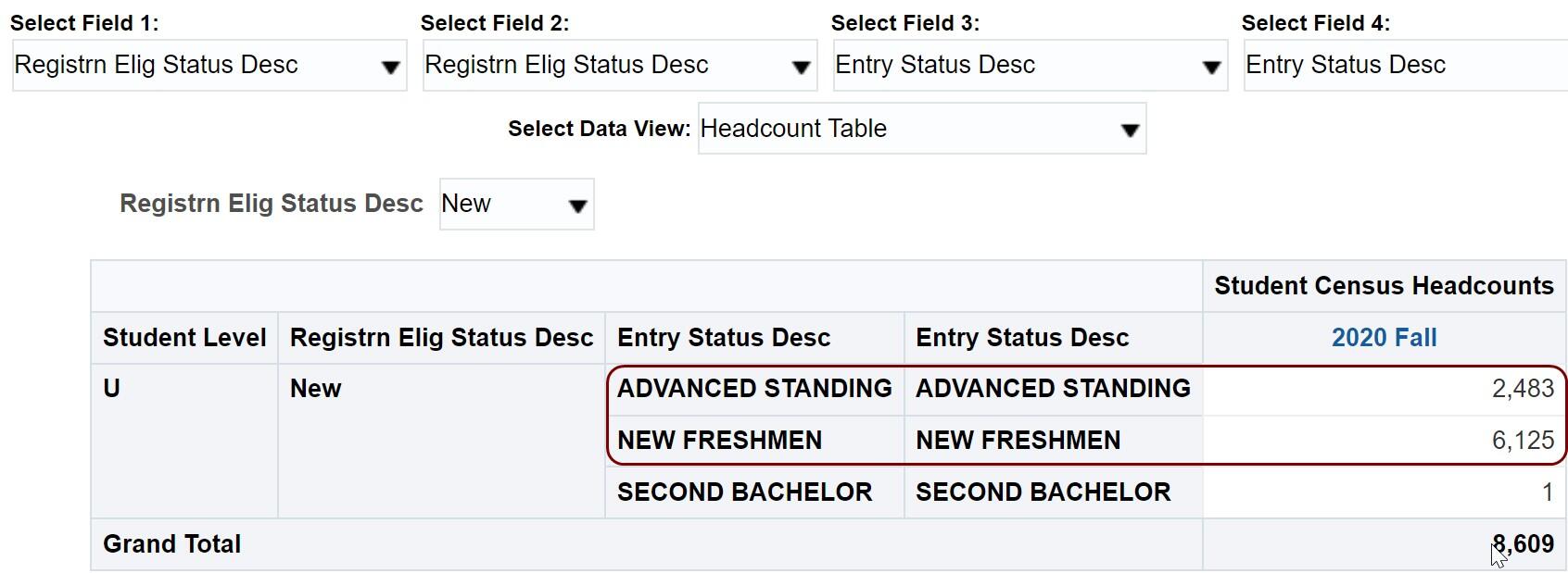 Census by Multiple Fields with Fall 2020 selected for Year & Semester and Regstrn Elig Status Desc selected for all 4 Select Fields