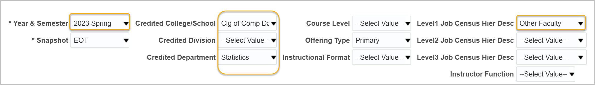 Course Detail by Credited Department filters