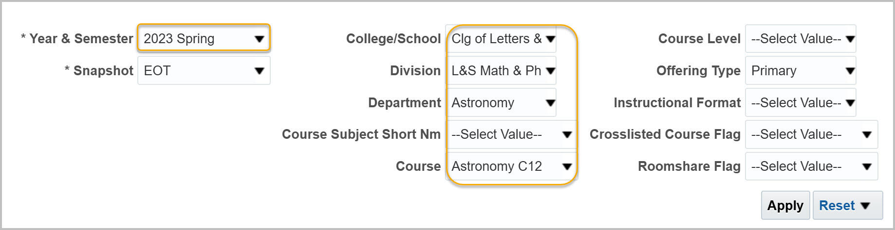 Roomshare and Crosslisted Courses filters
