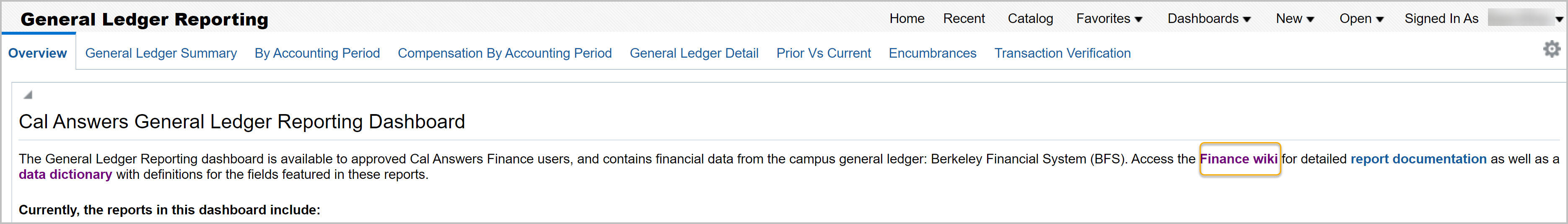 General Ledger Reporting dashboard Overview tab with Finance wiki highlighted