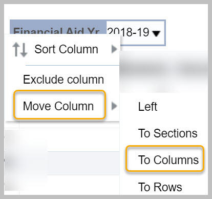 Financial Aid Yr selected with context sensitive menu highlighting Move Column and To Columns