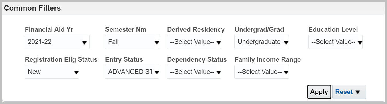 Common Filters with 2021-22 selected for Financial Aid Yr, Fall for Semester, New for Registration Elig Status, and Advanced Standing for Entry Status