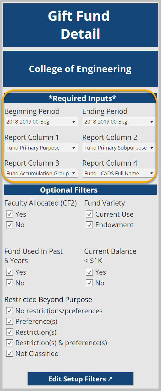 Gift Fund Detail filters