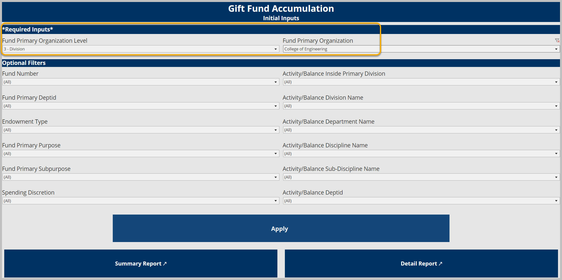 Gift Fund Accumulation dashboard Initial Inputs
