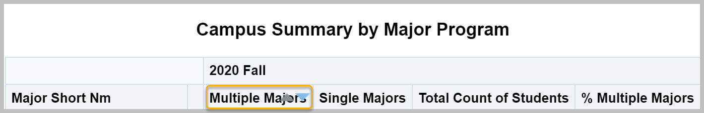 Campus Summary by Major Program with Multiple Majors highlighted