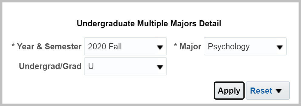 Undergraduate Multiple Majors Detail prompts with 2020 Fall and U selected