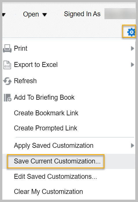 Page Options menu with Save Current Customization highlighted