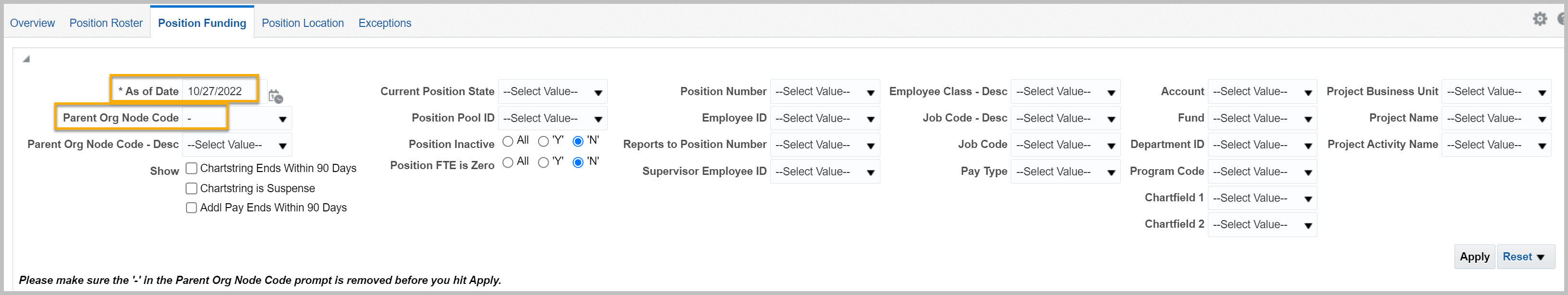 Position Management dashboard Position Funding report filters