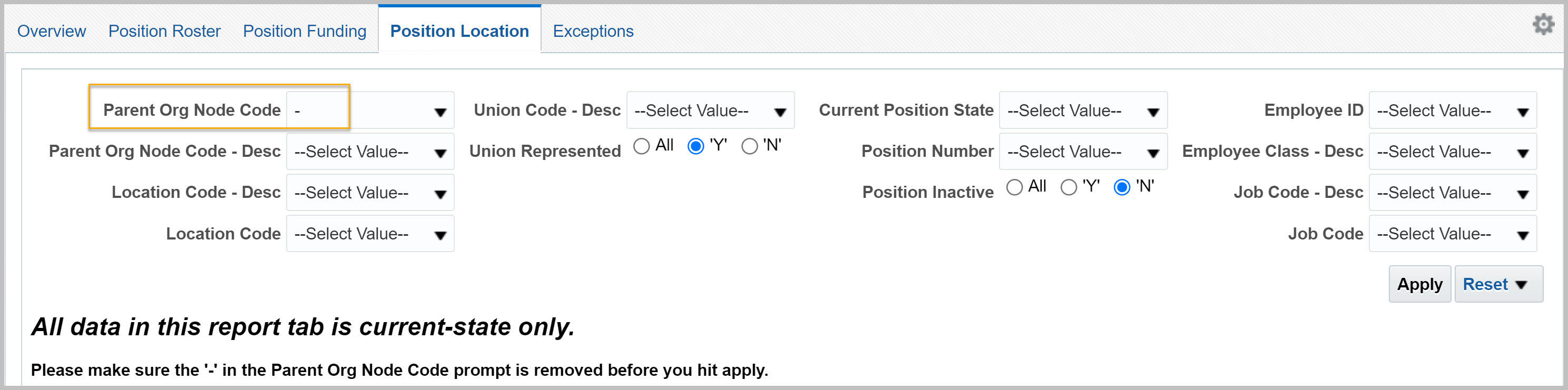 Position Management dashboard Position Location report filters