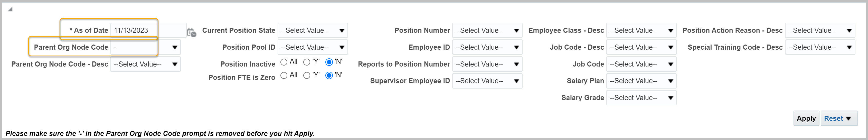 Position Management dashboard Position Roster report filters