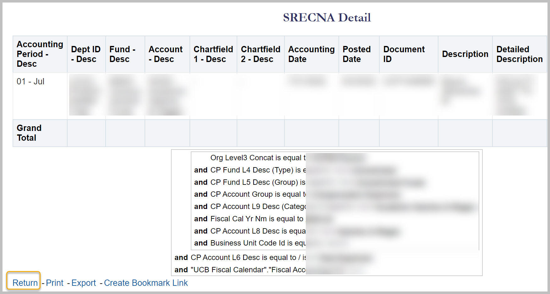 Detail report with Return link highlighted in lower left corner
