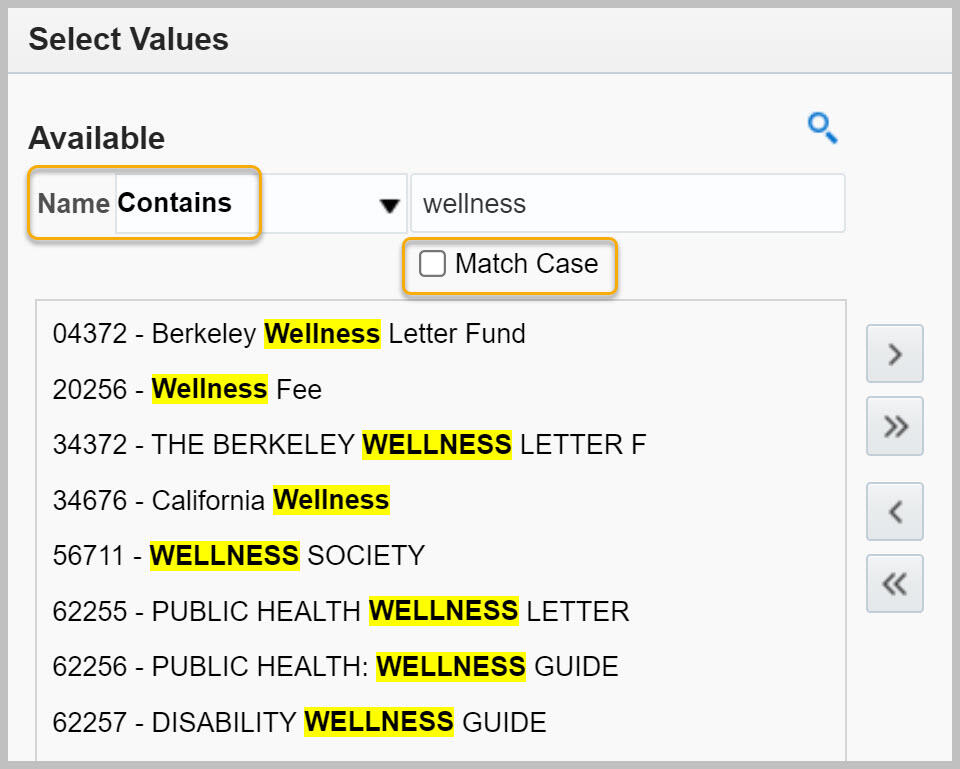 Search dialog box with Name and Match Case highlighted