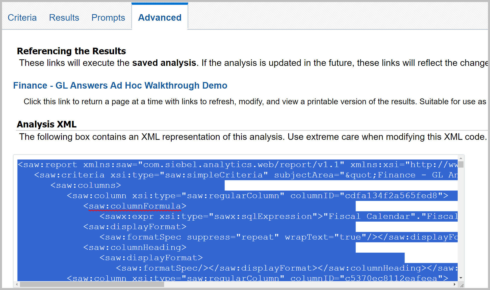 Ad Hoc Advanced tab with Analysis XML text selected