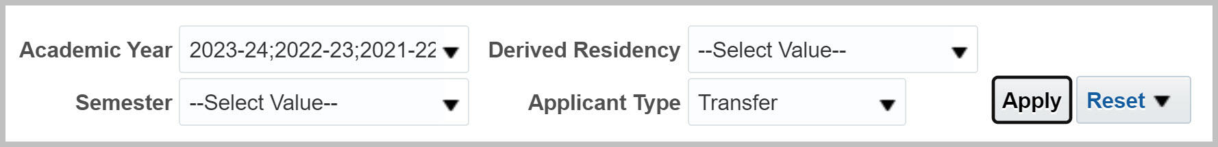 Undergraduate Applicant Count filters with 2019-20, 2020-21, 2021-22, and 2022-23 selected and Transfer selected