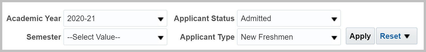 UG Apps by Multiple Fields filters with 2020-21, Admitted, and New Freshmen selected