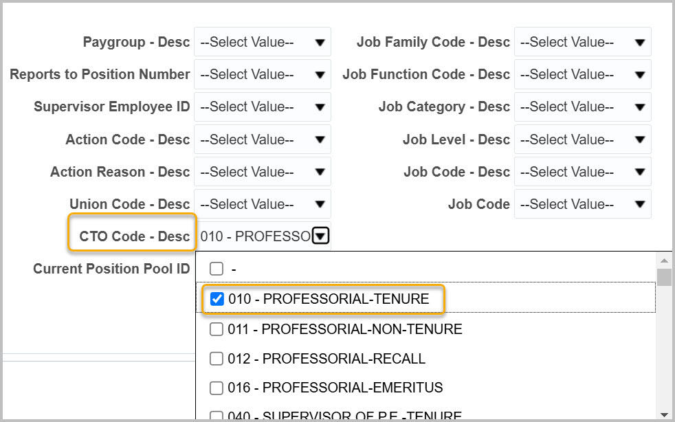 Workforce Detail Job Data As of Date filters with CTO Code drop-down