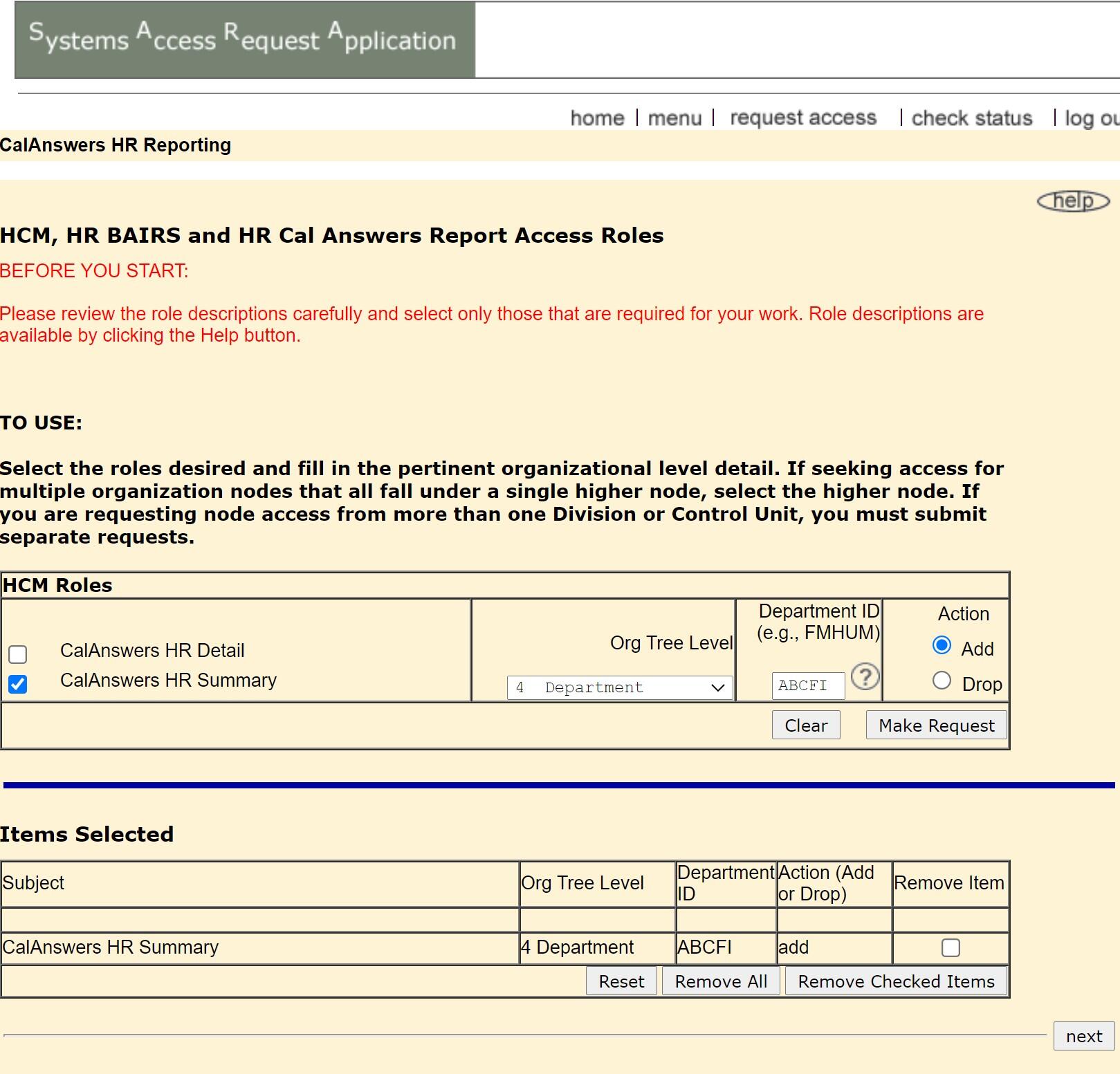 Workforce Summary access request form