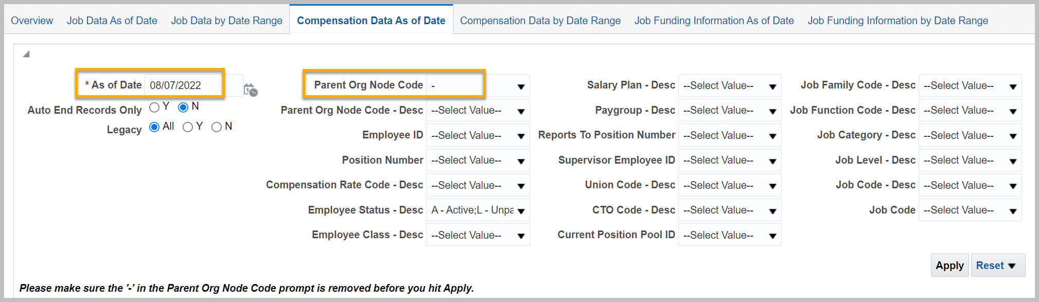 Filters for Workforce Detail, Compensation Data As of Date