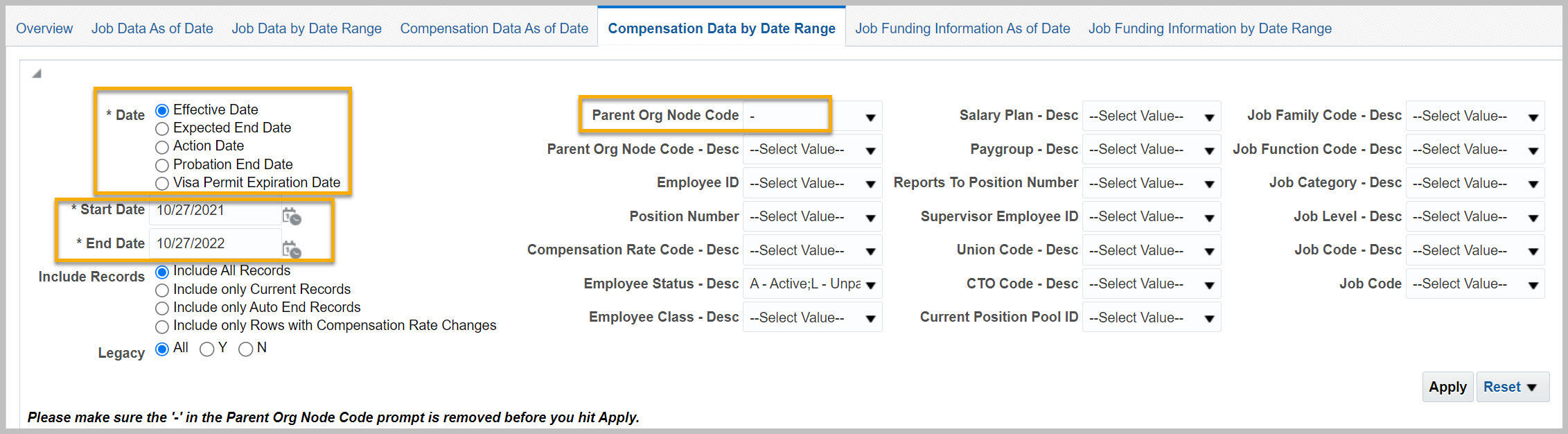 Filters for Workforce Detail, Compensation Data by Date Range