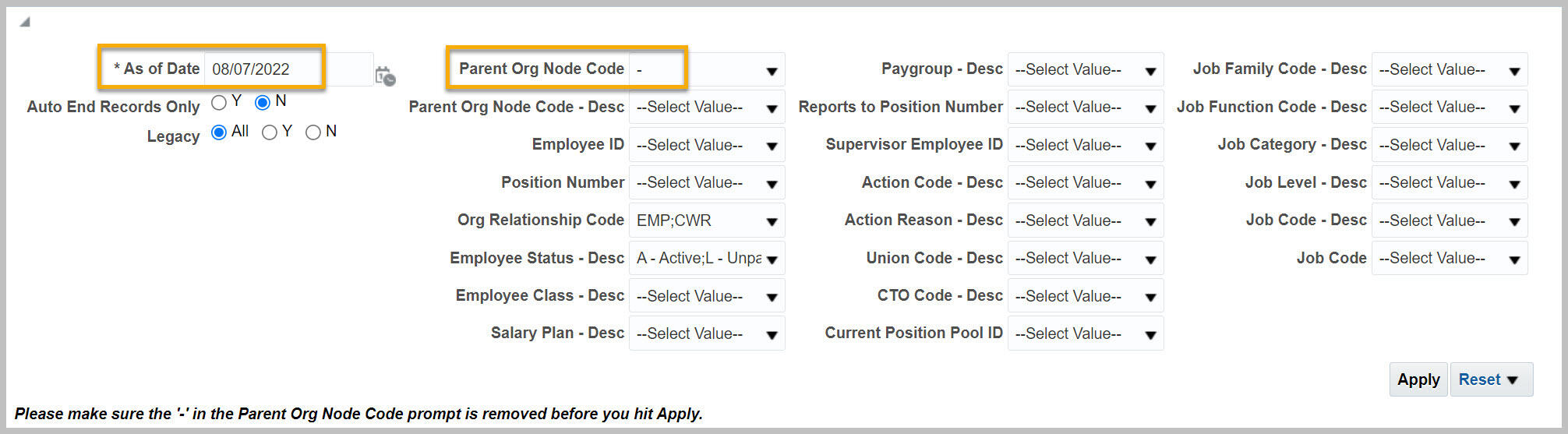 Filters for Workforce Detail, Job Data As of Date