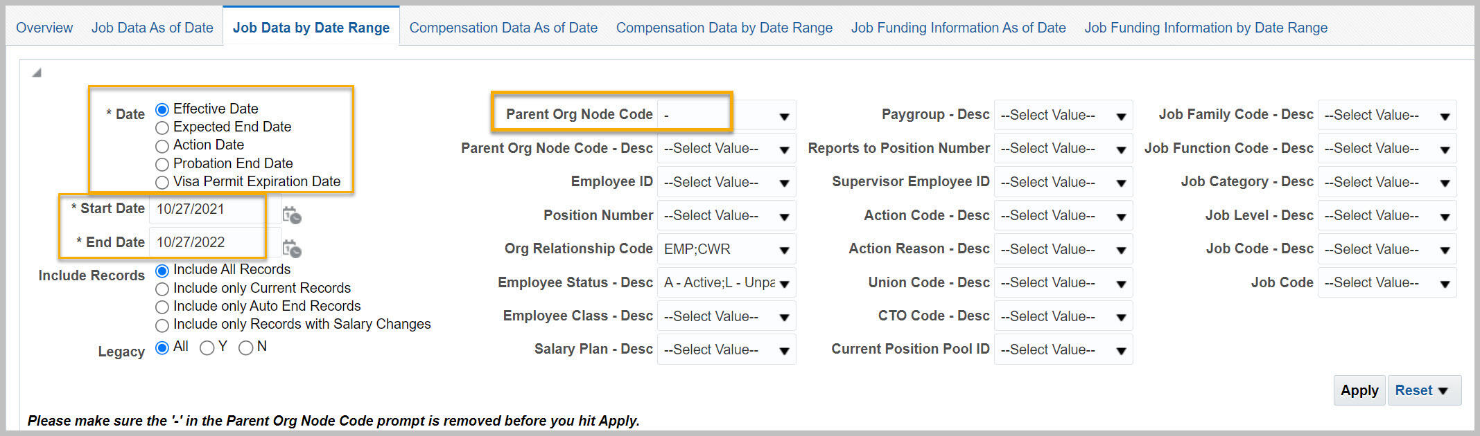 Filters for Workforce Detail, Job Data by Date Range
