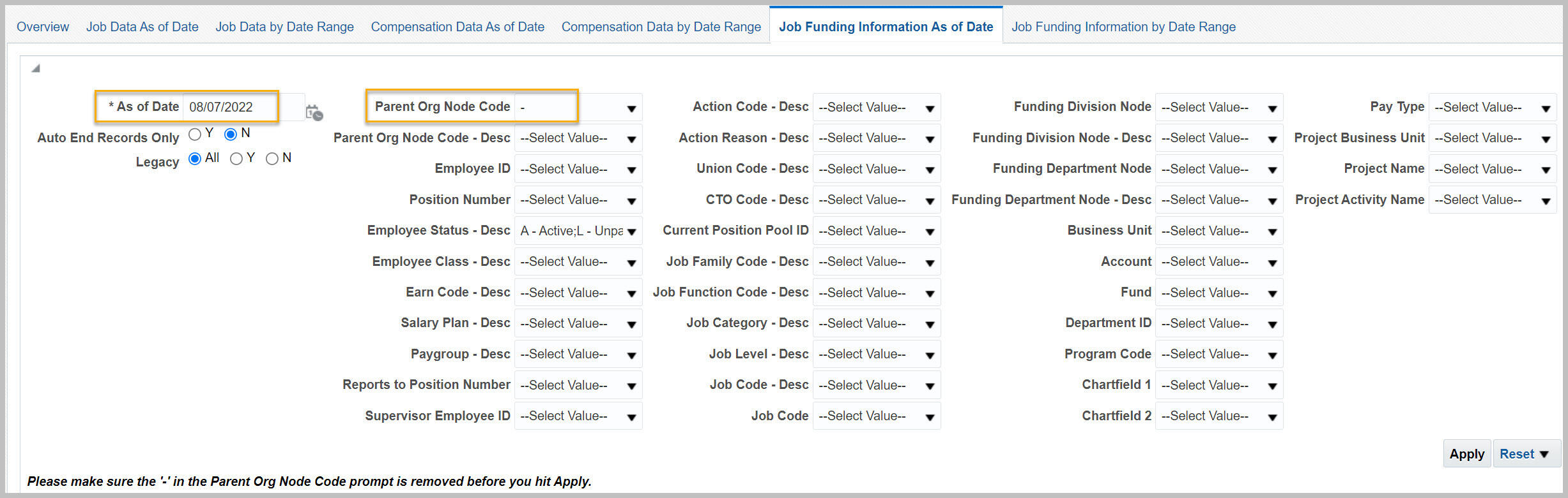 Filters for Workforce Detail, Job Funding Information As of Date