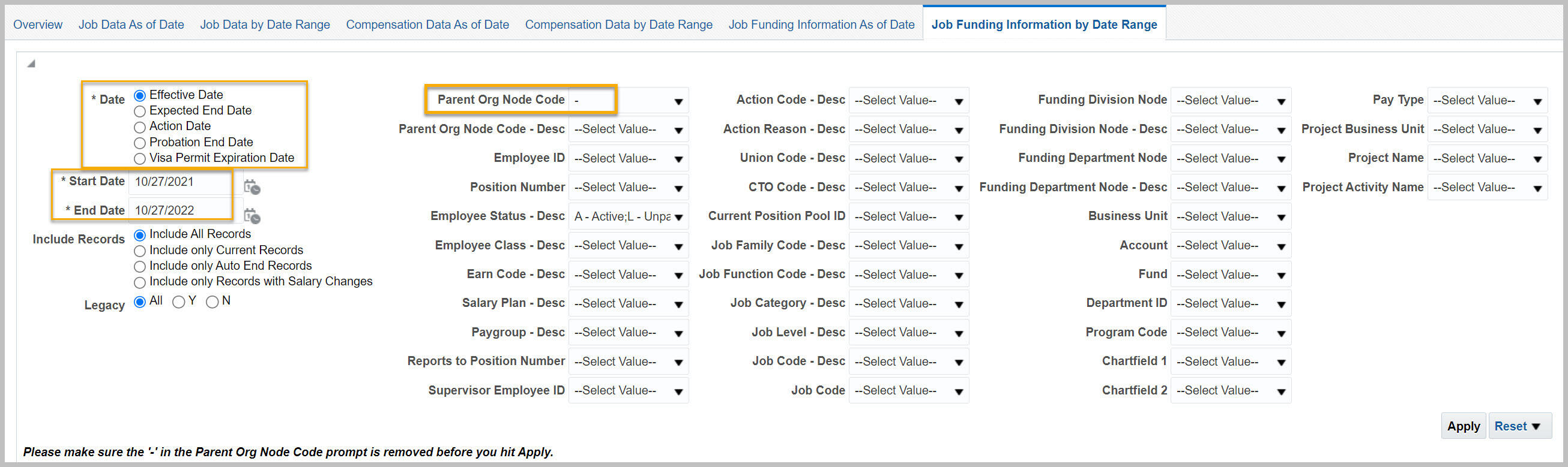 Filters for Workforce Detail, Job Funding Information by Date Range