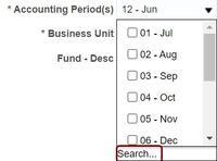 drop-down list of accounting periods with Search circled at the bottom of the list