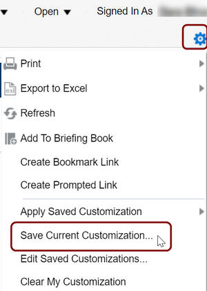 Page Options menu with Save Current Customization circled
