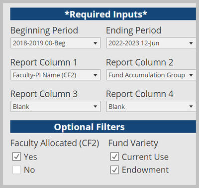 Required Inputs and Optional Filters to find accumulation by faculty