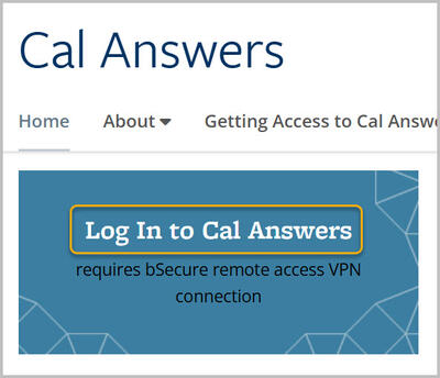 Cal Answers home page with Log In highlighted