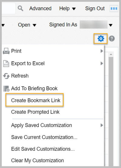 Page Options menu with Create Bookmark Link outlined