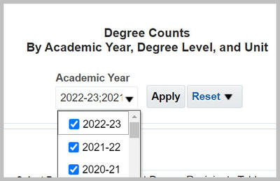 Degree Counts prompts with three Academic Years selected