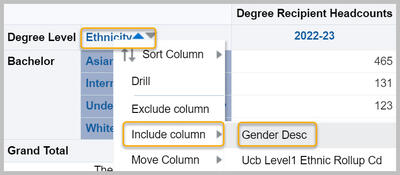 Context sensitive menu with Ethnicity, Include column, and Gender Desc highlighted