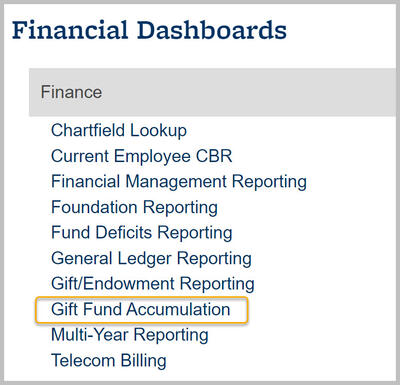 Gift Accumulation dashboard highlighted in Finance subject area
