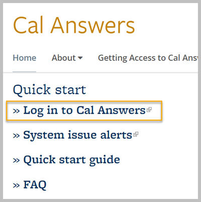 Cal Answers home page with Log in to Cal Answers circled