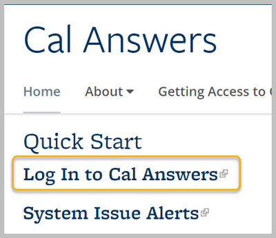 Cal Answers home page with log in highlighted