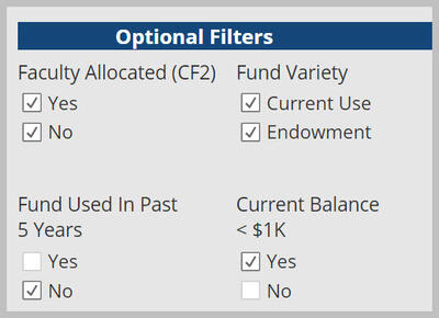 Optional Filters with No checked for Funds Used in Past Five Year and Yes checked for Current Balance < $1K