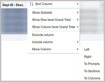 Move column highlighted on menu