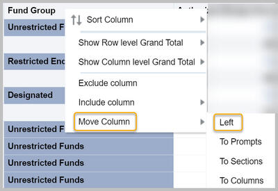 Context sensitive menu with Move column / Left highlighted