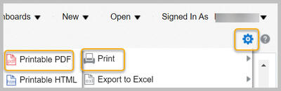 Page Options menu with Print / Printable PDF highlighted
