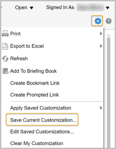 Page Options menu with Save Current Customization highlighted